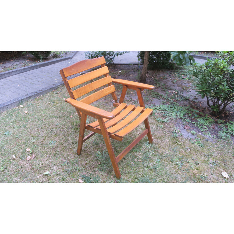 Fauteuil coudé pliant vintage en bois patiné, 1960