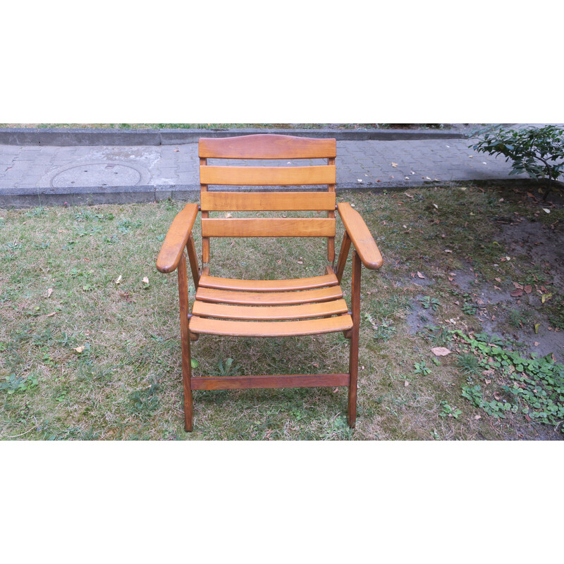 Mid-century patinated wood folding elbow armchair, 1960s