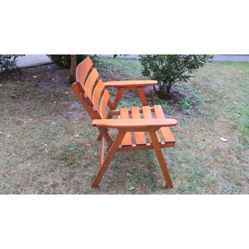 Mid-century patinated wood folding elbow armchair, 1960s