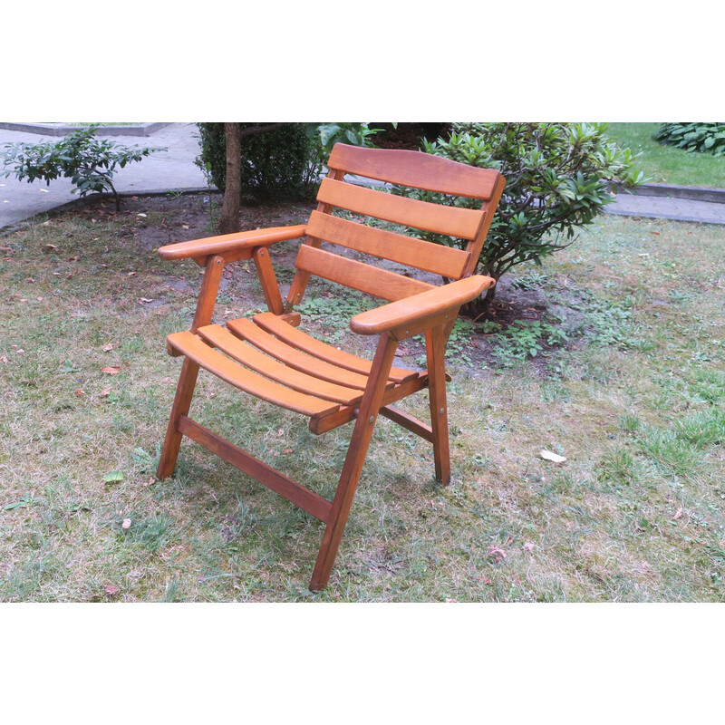 Mid-century patinated wood folding elbow armchair, 1960s