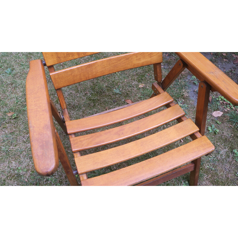 Fauteuil coudé pliant vintage en bois patiné, 1960