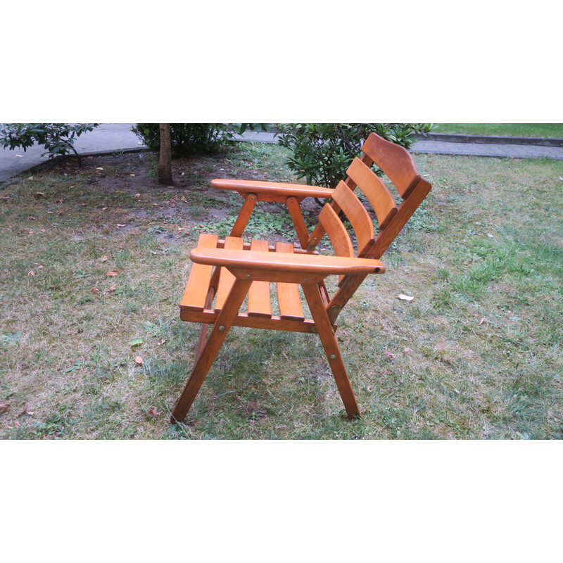 Fauteuil coudé pliant vintage en bois patiné, 1960