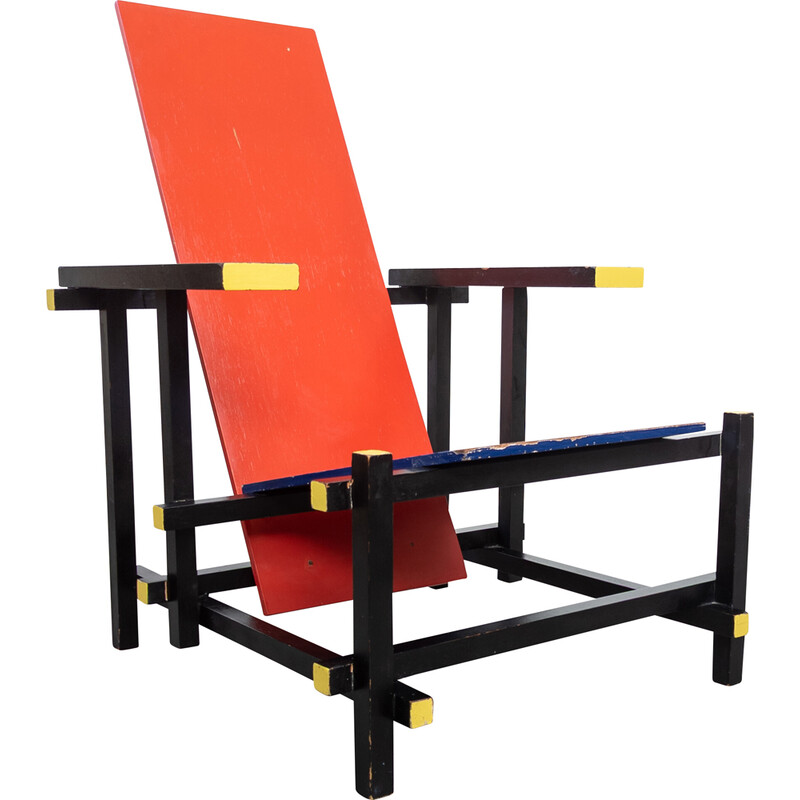 Poltrona vintage rossa e blu di Gerrit Rietveld, 1970