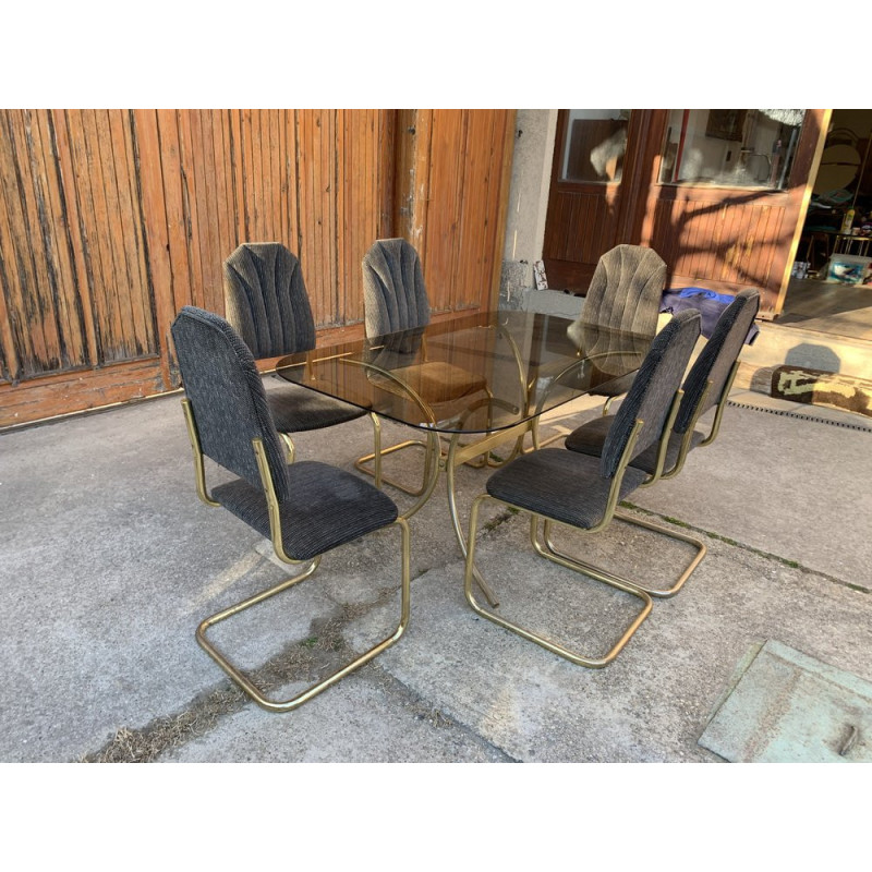 Vintage Italian dining set in brass and glass, 1970s