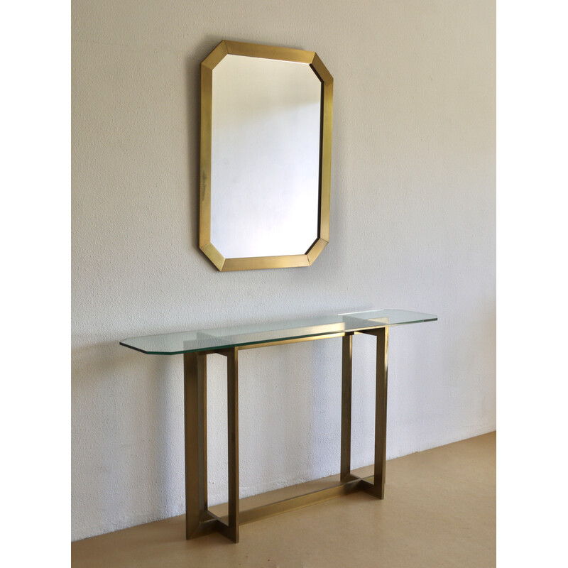 Vintage brass and glass console table with mirror, 1970s