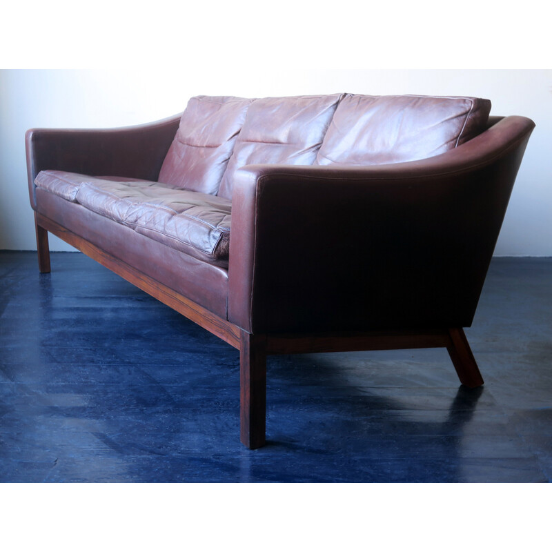 Danish vintage leather and rosewood sofa by Poul M. Jessen for Viby J, 1960s