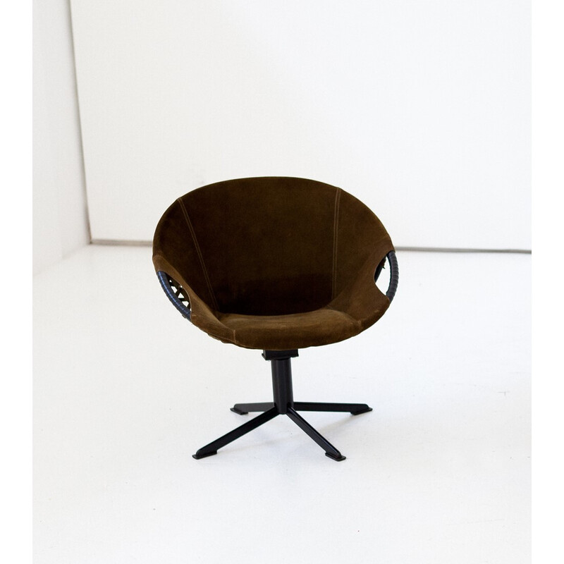 Fauteuil lounge vintage en cuir suédé avec cadre en fer, 1960