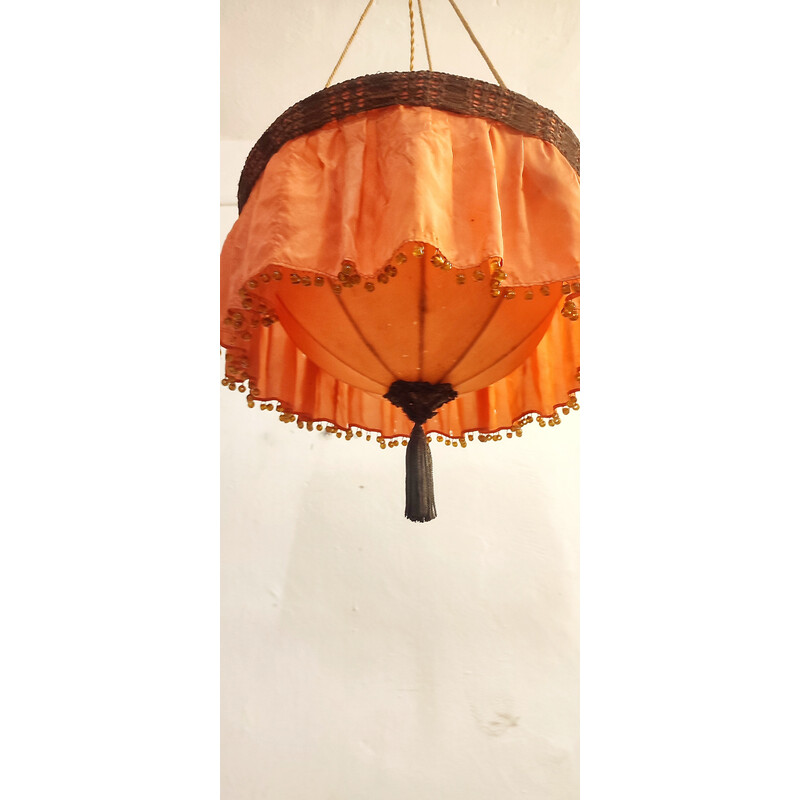 Vintage satin fabric pendant lamp, Spain 1940s