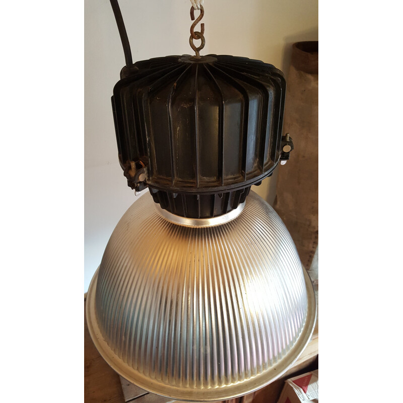 Industrial hanging lamp in aluminum and black steel - 1970s