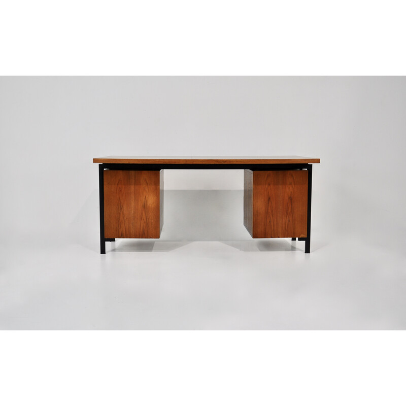 Vintage wood and metal desk with 6 drawers by Cees Braakman for Pastoe, 1960s