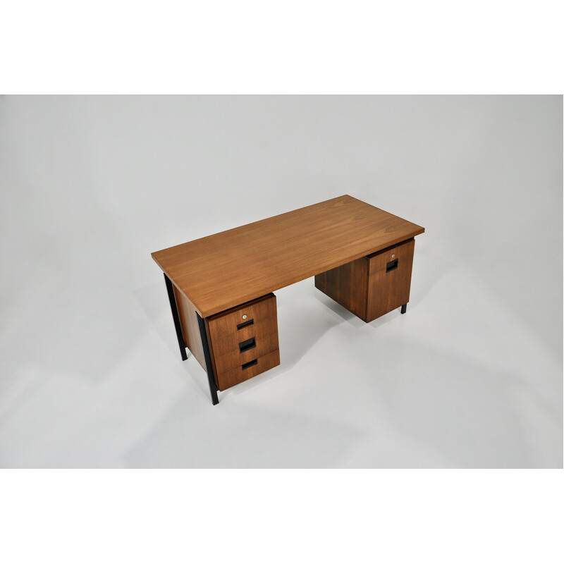 Vintage wood and metal desk with 6 drawers by Cees Braakman for Pastoe, 1960s