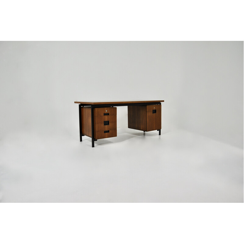 Vintage wood and metal desk with 6 drawers by Cees Braakman for Pastoe, 1960s