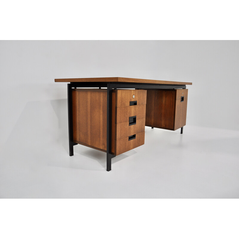 Vintage wood and metal desk with 6 drawers by Cees Braakman for Pastoe, 1960s