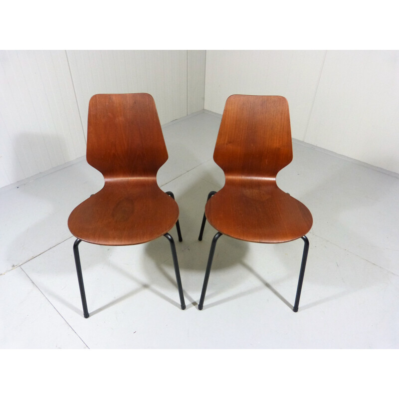 Pair of Danish stackable teak plywood chairs - 1950s