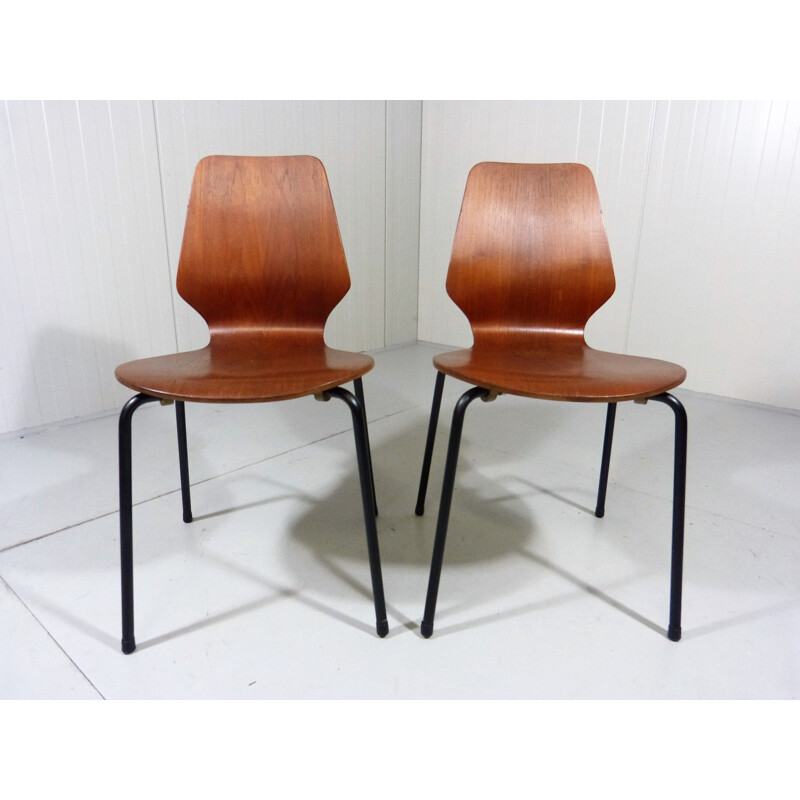 Pair of Danish stackable teak plywood chairs - 1950s