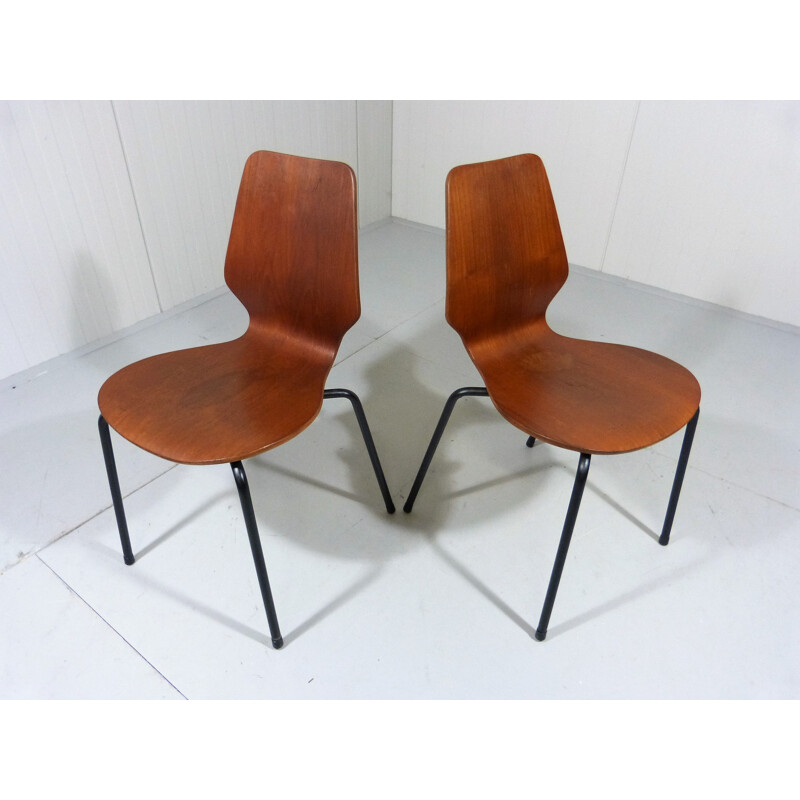 Pair of Danish stackable teak plywood chairs - 1950s