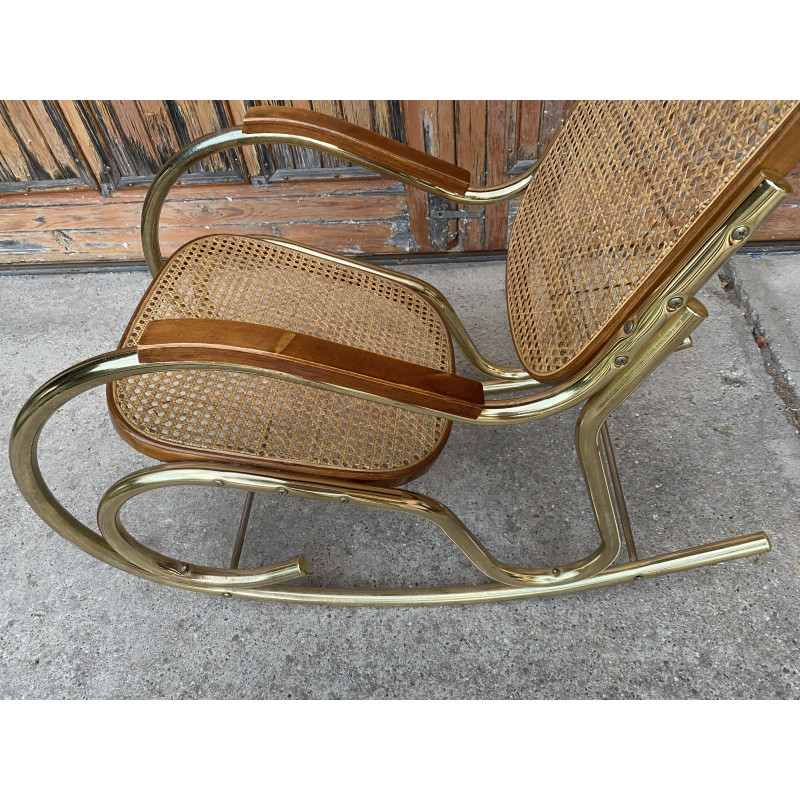 Chaise à bascule vintage en laiton et rotin, Italie