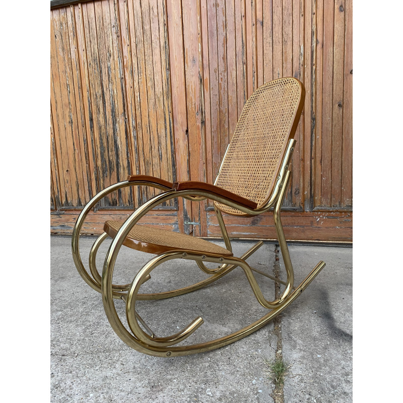 Chaise à bascule vintage en laiton et rotin, Italie