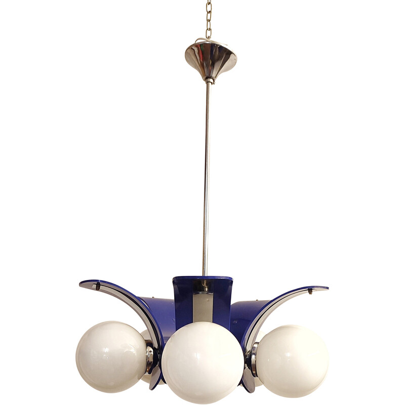 Vintage plastic and chrome metal pendant lamp, Spain 1970s