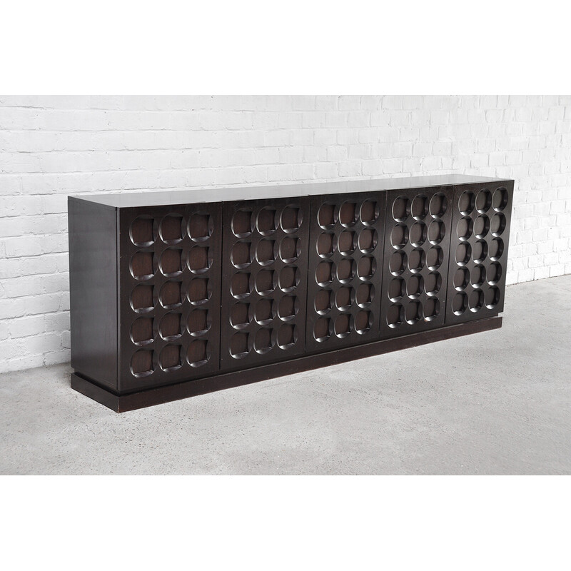 Vintage graphical Brutalist sideboard in brown oakwood, Belgium 1970s