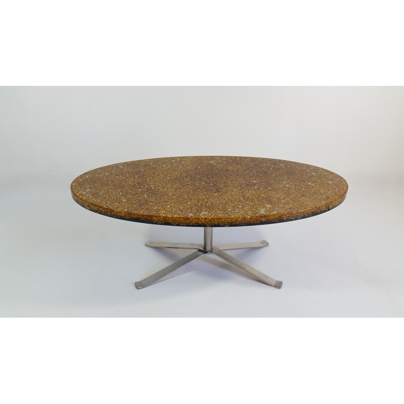Oval coffee table with steel frame in glass, resin and steel, Pierre GIRAUDON - 1970s