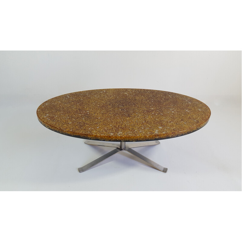 Oval coffee table with steel frame in glass, resin and steel, Pierre GIRAUDON - 1970s