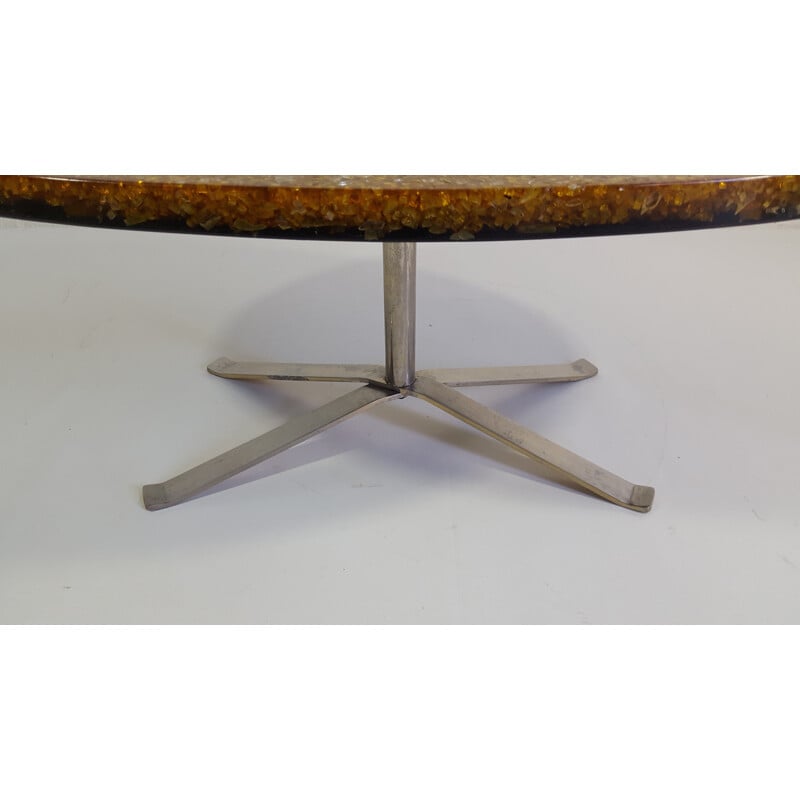 Table basse ovale en verre, résine et acier, Pierre GIRAUDON – 1970