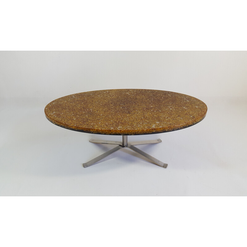 Oval coffee table with steel frame in glass, resin and steel, Pierre GIRAUDON - 1970s