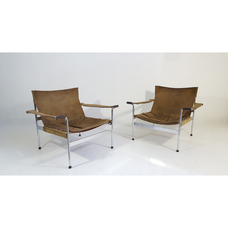 Tecta "D99" pair of lounge chairs in light brown suede and chromed steel, Hans KÖNECKE - 1960s