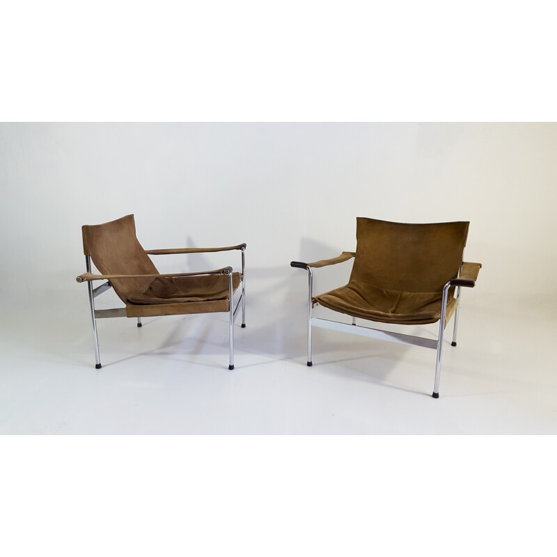Paire de fauteuils lounge "D99" Tecta en daim brun clair et acier chromé, Hans KÖNECKE - 1960