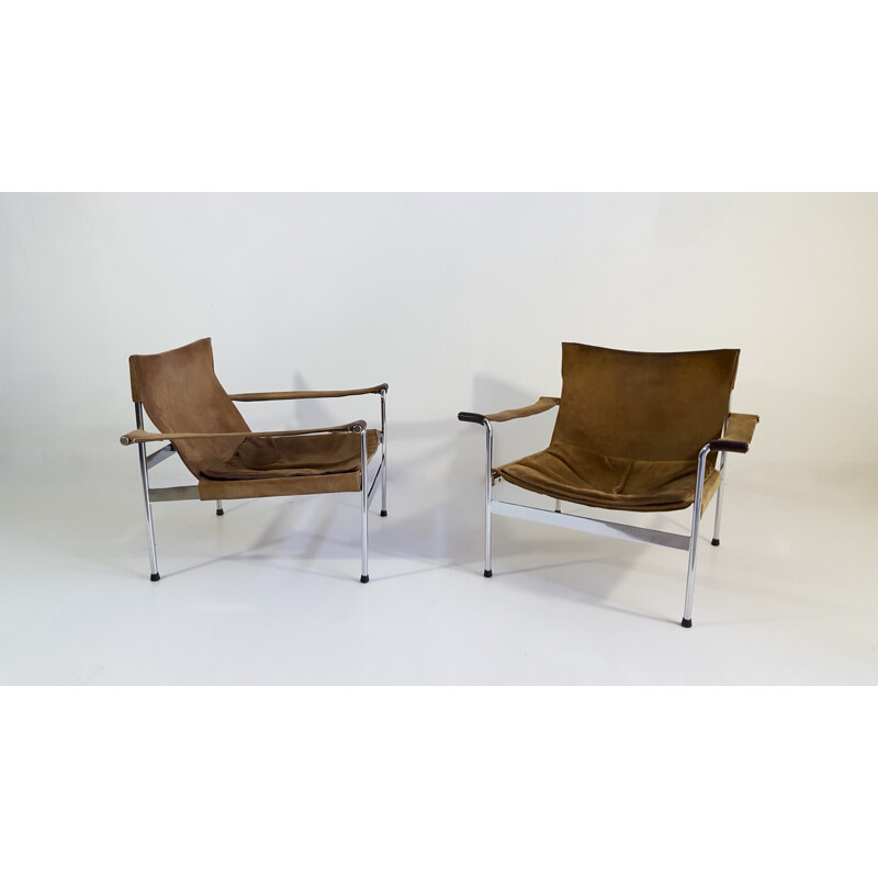 Tecta "D99" pair of lounge chairs in light brown suede and chromed steel, Hans KÖNECKE - 1960s