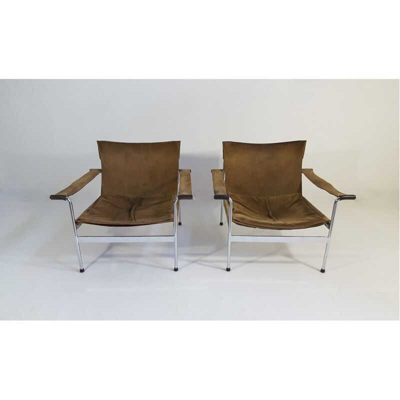 Paire de fauteuils lounge "D99" Tecta en daim brun clair et acier chromé, Hans KÖNECKE - 1960