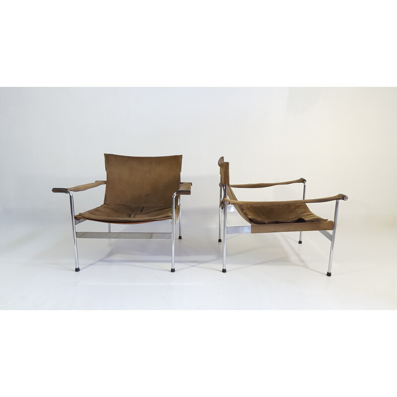 Tecta "D99" pair of lounge chairs in light brown suede and chromed steel, Hans KÖNECKE - 1960s