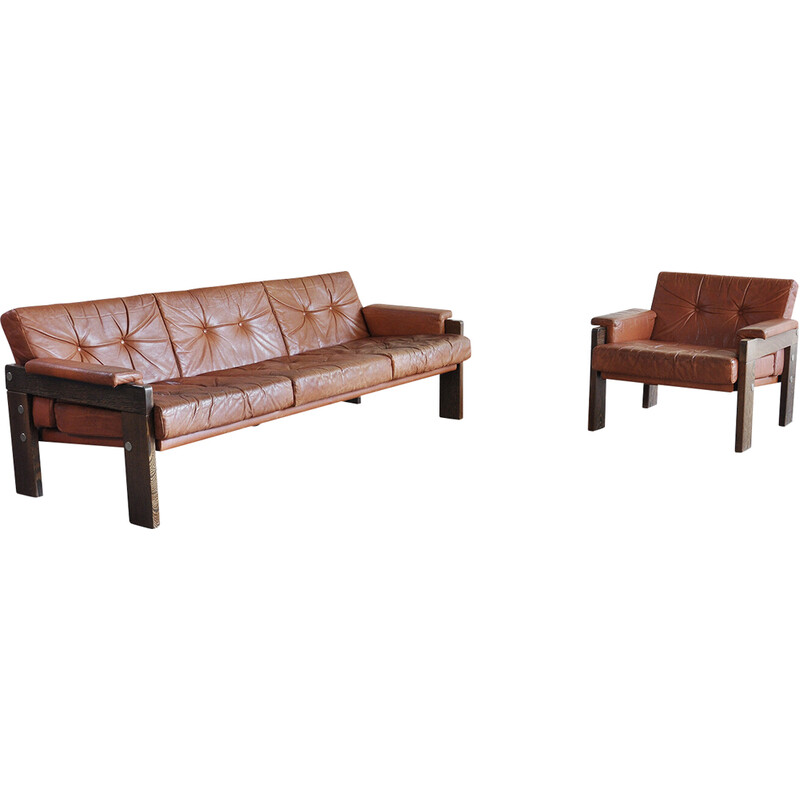 Vintage wengé and leather living room set by Martin Visser for Spectrum, Netherlands 1960s