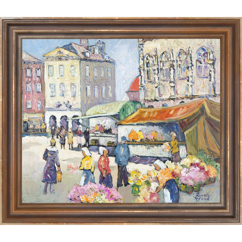 Vintage "Market day" oil on masonite wood by Robert Sydney Rendle Wood