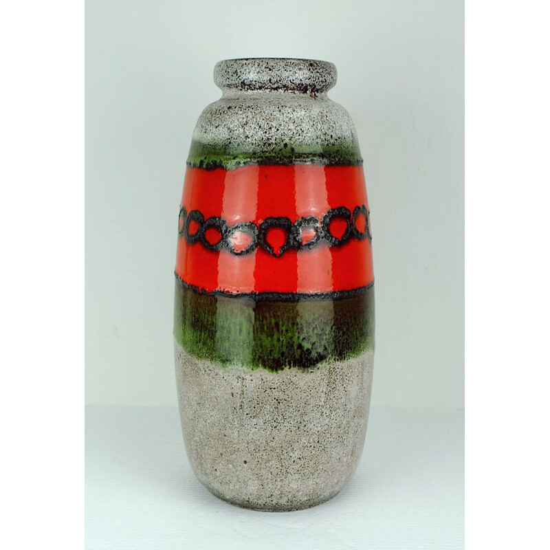 Vase vert beige et rouge Scheurich en céramique avec vernis noir - 1970 