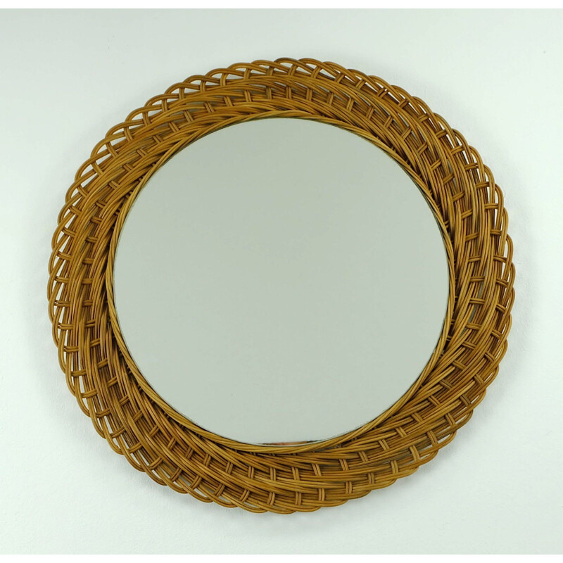 Beige rattan and glass wall mirror - 1960s