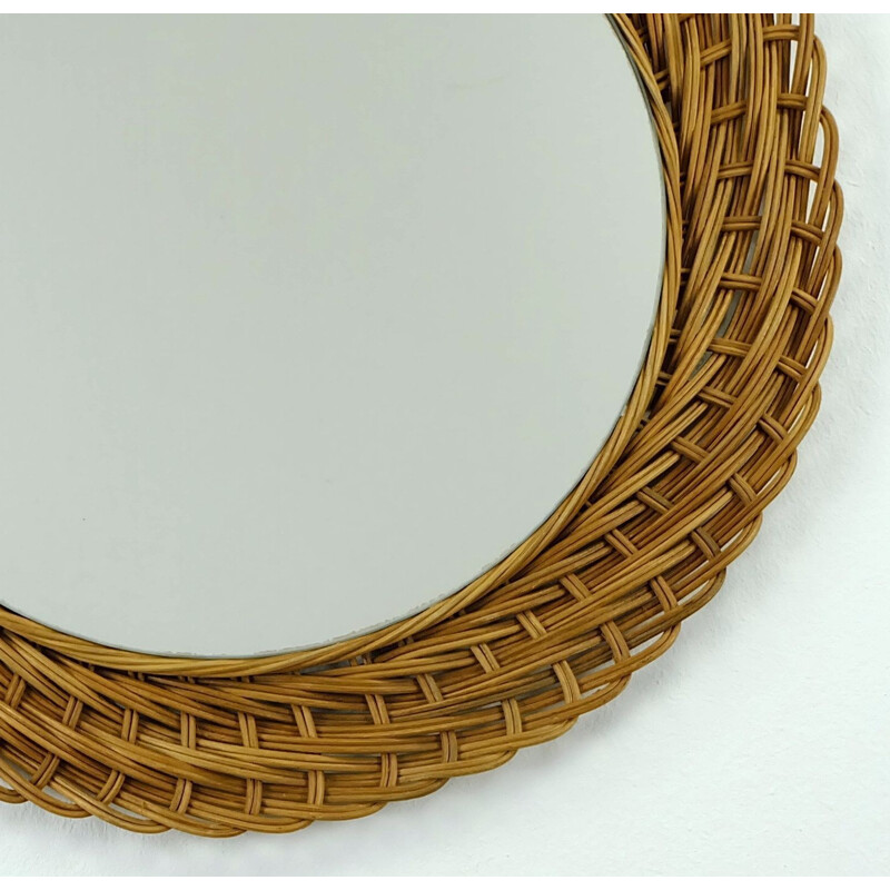 Beige rattan and glass wall mirror - 1960s