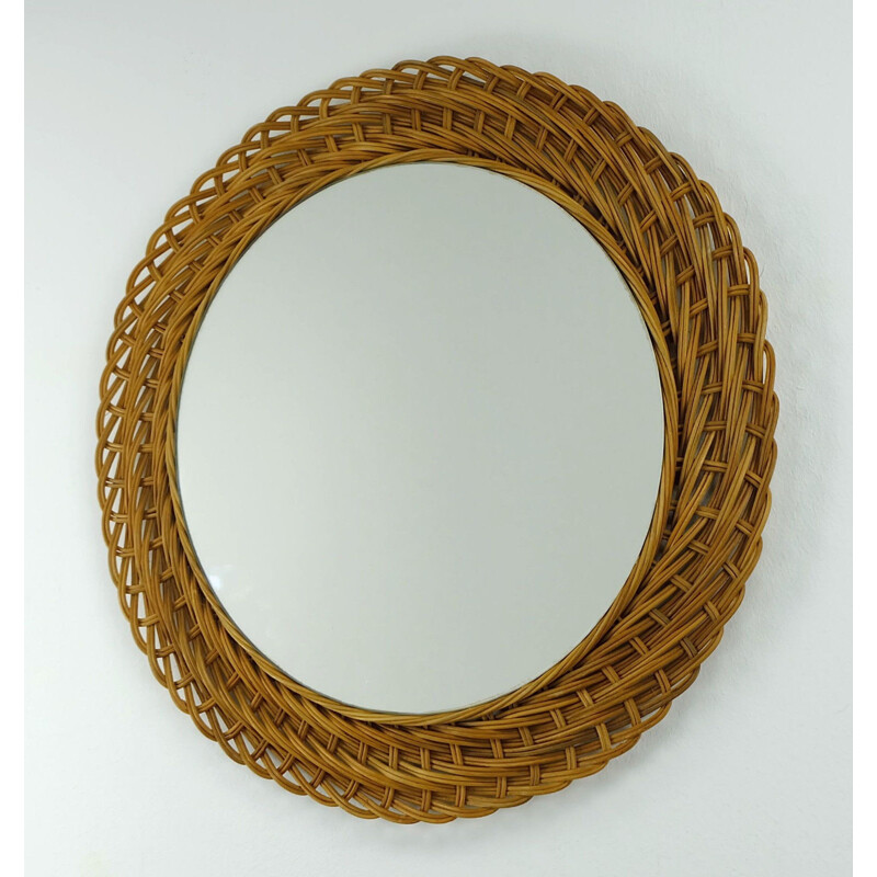 Beige rattan and glass wall mirror - 1960s