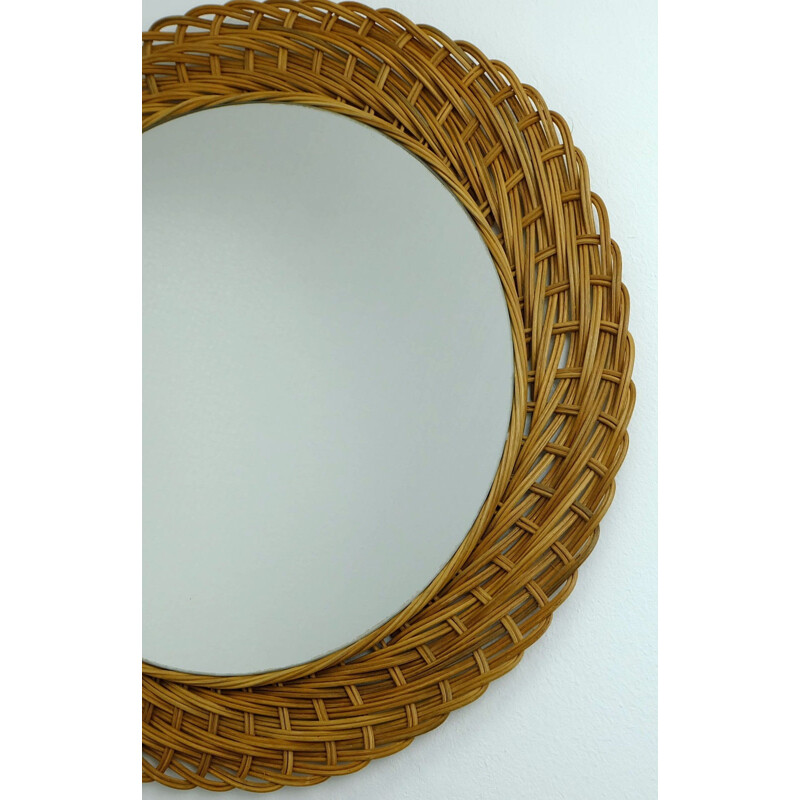 Beige rattan and glass wall mirror - 1960s