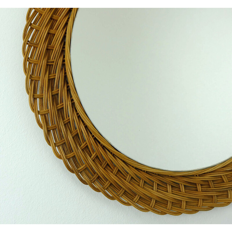 Beige rattan and glass wall mirror - 1960s