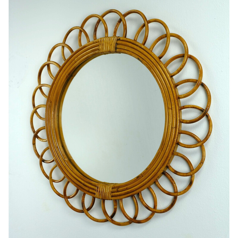 Brown rattan and glass wall mirror - 1950s