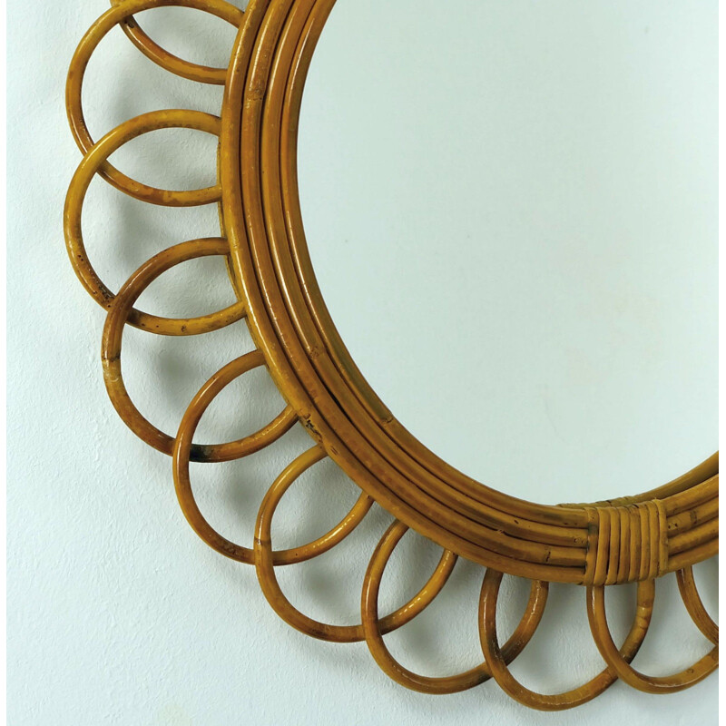 Brown rattan and glass wall mirror - 1950s