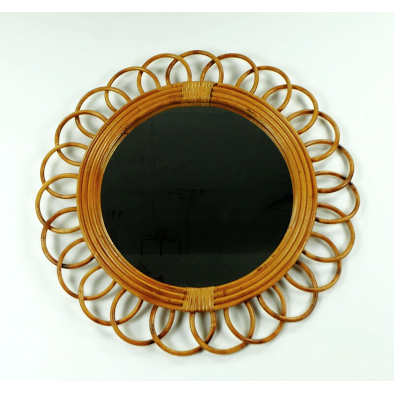 Brown rattan and glass wall mirror - 1950s