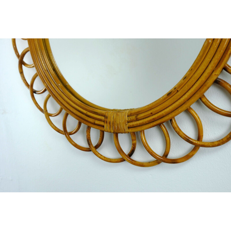 Brown rattan and glass wall mirror - 1950s