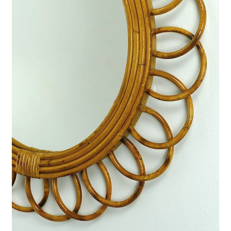 Brown rattan and glass wall mirror - 1950s