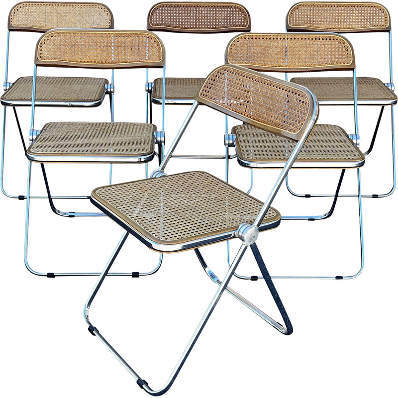 Ensemble de 6 chaises pliantes cannées vintage par Giancalo Piretti, 1970