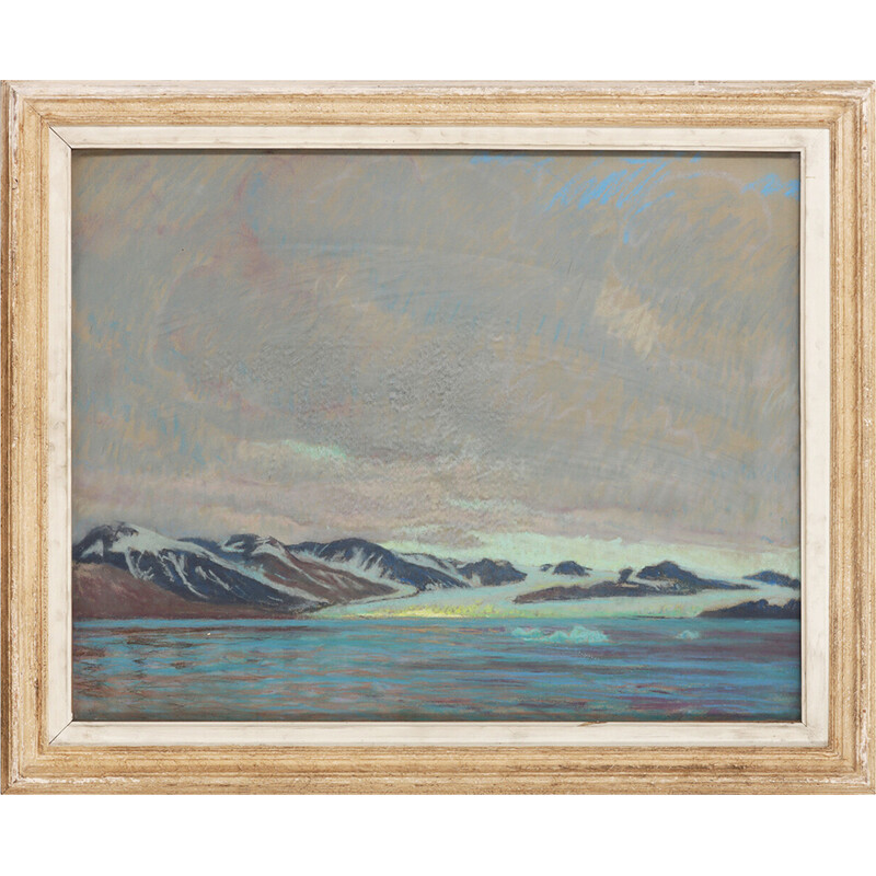 Óleo vintage sobre papel "Costa alpina, Noruega" de William Samuel Horton
