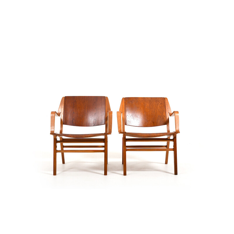 Paar vintage teakhouten Ax stoelen van Orla Mølgaard en Peter Hvidt voor Fritz Hansen, 1950