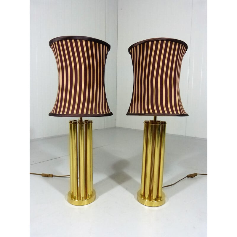Set of 2 brass table lamps in brown and beige - 1960s